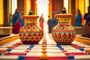 two colorful vases sitting on a table with people in the background. AI-Generated photo