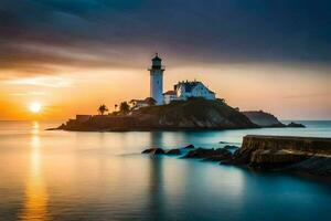 a lighthouse sits on top of a rocky island in the ocean. AI-Generated photo