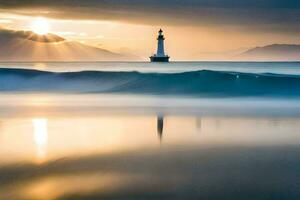 a lighthouse stands in the middle of the ocean. AI-Generated photo