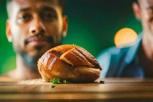 two men looking at a piece of meat on a table. AI-Generated photo