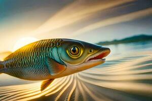 a fish is shown in a painting with the sun in the background. AI-Generated photo