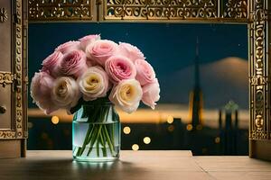 pink roses in a vase on a table with a city view. AI-Generated photo