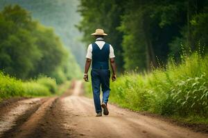 un hombre en un sombrero y chaleco caminando abajo un suciedad la carretera. generado por ai foto