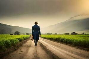 a man in a blue suit walks down a dirt road. AI-Generated photo