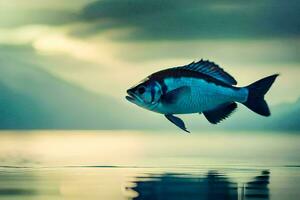 un pescado es volador terminado el agua. generado por ai foto