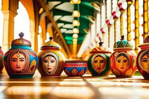 colorful ceramic pots with faces on them. AI-Generated photo