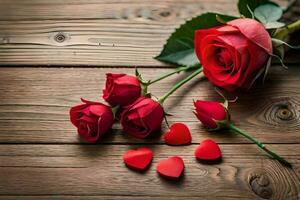 red roses and hearts on a wooden table. AI-Generated photo