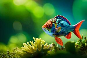 a colorful fish is standing on top of some plants. AI-Generated photo
