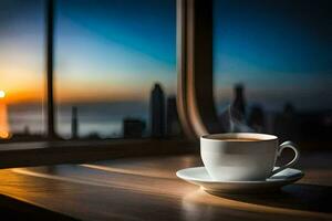 a cup of coffee on a table in front of a window with a view of the city. AI-Generated photo