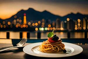 a plate of spaghetti with a view of the city. AI-Generated photo