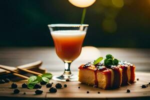 a dessert with fruit and a drink on a wooden table. AI-Generated photo