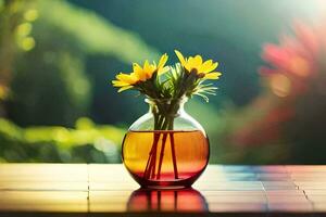 a vase of yellow flowers on a table. AI-Generated photo