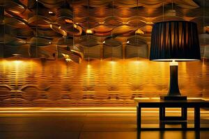 a lamp is sitting on a table in front of a wall. AI-Generated photo