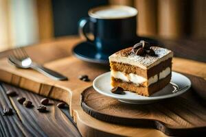 un rebanada de pastel en un de madera mesa con café frijoles. generado por ai foto