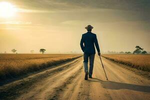 un hombre caminando en un suciedad la carretera con un caña. generado por ai foto