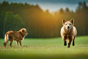 a dog and a lion running in the grass. AI-Generated photo