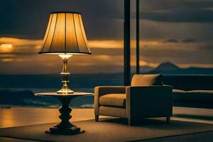 a lamp sits on a table in front of a chair. AI-Generated photo