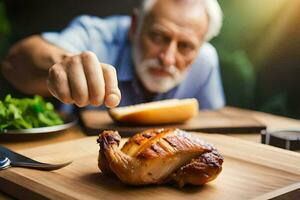 an older man is holding a piece of chicken on a cutting board. AI-Generated photo