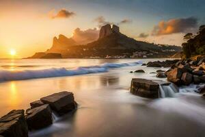 un hermosa puesta de sol terminado el Oceano con rocas y rocas generado por ai foto