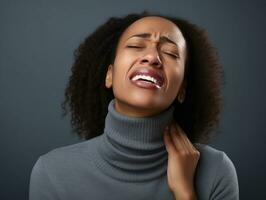 Black woman appears to be in pain on grey background AI Generative photo