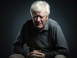 Man appears to be in pain on grey background AI Generative photo