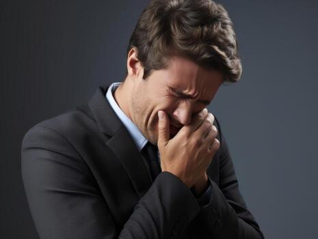 Man appears to be in pain on grey background AI Generative photo