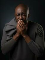 African man is shown suffering from cold with runny nose on grey background AI Generative photo