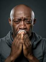 African man is shown suffering from cold with runny nose on grey background AI Generative photo