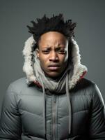 African man is shown suffering from cold with runny nose on grey background AI Generative photo