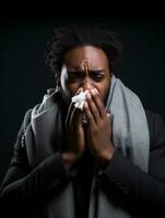 African man is shown suffering from cold with runny nose on grey background AI Generative photo