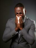 African man is shown suffering from cold with runny nose on grey background AI Generative photo