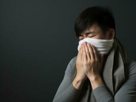 Asian man is shown suffering from cold with runny nose on grey background AI Generative photo