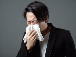 Asian man is shown suffering from cold with runny nose on grey background AI Generative photo