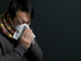 Asian man is shown suffering from cold with runny nose on grey background AI Generative photo