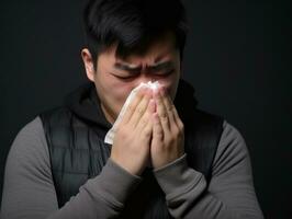 Asian man is shown suffering from cold with runny nose on grey background AI Generative photo