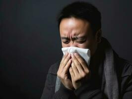 Asian man is shown suffering from cold with runny nose on grey background AI Generative photo