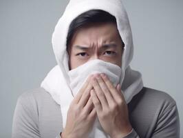 Asian man is shown suffering from cold with runny nose on grey background AI Generative photo