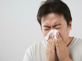 Asian man is shown suffering from cold with runny nose on grey background AI Generative photo