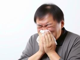 Asian man is shown suffering from cold with runny nose on grey background AI Generative photo