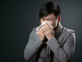 Asian man is shown suffering from cold with runny nose on grey background AI Generative photo