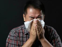 Asian man is shown suffering from cold with runny nose on grey background AI Generative photo