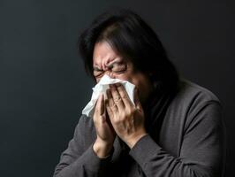 Asian man is shown suffering from cold with runny nose on grey background AI Generative photo