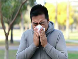 Asian man is shown suffering from cold with runny nose on grey background AI Generative photo