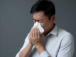 Asian man is shown suffering from cold with runny nose on grey background AI Generative photo