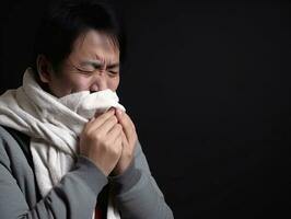 Asian man is shown suffering from cold with runny nose on grey background AI Generative photo