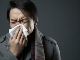 Asian man is shown suffering from cold with runny nose on grey background AI Generative photo