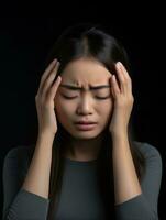 Asian woman appears to be in pain from headache AI Generative photo