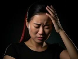 asiático mujer aparece a ser en dolor desde dolor de cabeza ai generativo foto