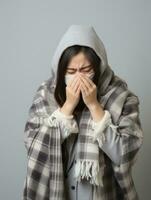 Asian woman is shown suffering from cold with runny nose on grey background AI Generative photo