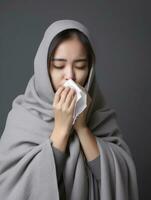 Asian woman is shown suffering from cold with runny nose on grey background AI Generative photo